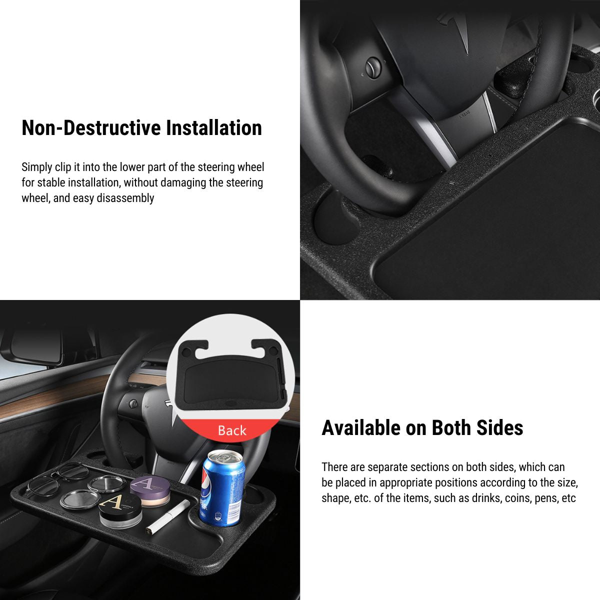 Tesla steering wheel desk patch for Model 3, Model Y, Model S, and Model X, designed for secure attachment during driving.