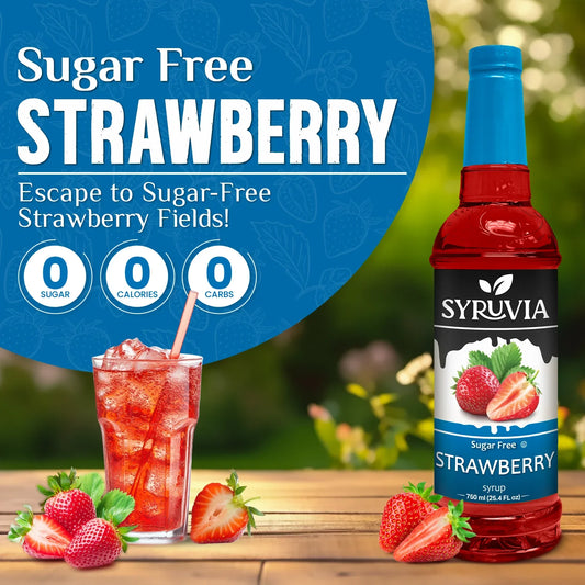 Sugar-free strawberry syrup by Syruvia, featuring a glass bottle filled with vibrant red strawberry-flavored syrup.