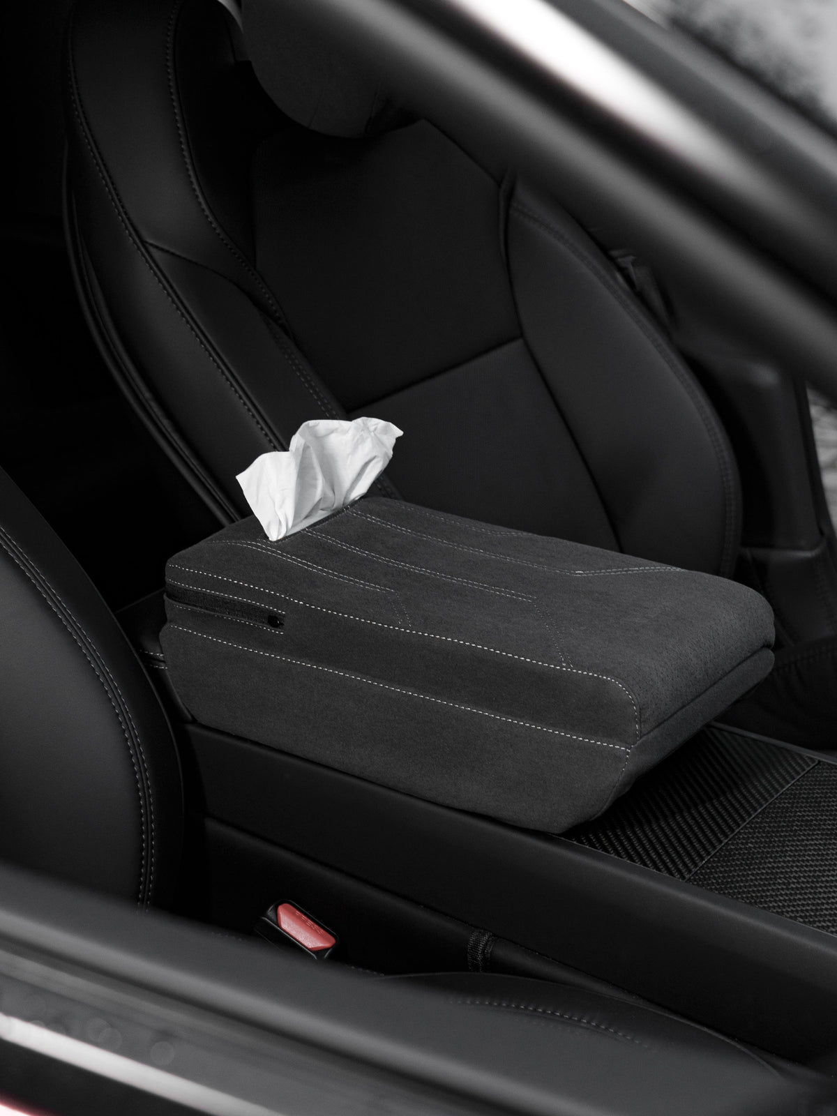 Tesery official suede armrest cover with raised pad and tissue box for Tesla Model Y Juniper and Model 3 Highland interior.