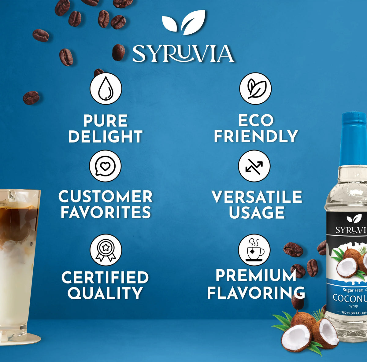 Bottle of Syruvia sugar-free coconut syrup for coffee flavoring, with a clear label and coconut imagery on the bottle.