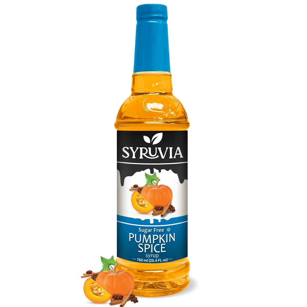 Sugar Free Pumpkin Spice Syrup by Syruvia, featuring a clear bottle with a pumpkin spice-flavored syrup for coffee or desserts.