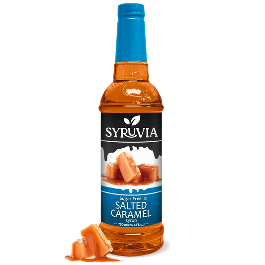 Bottle of Syruvia sugar-free salted caramel syrup with caramel color and label, designed for sweetening coffee and beverages.