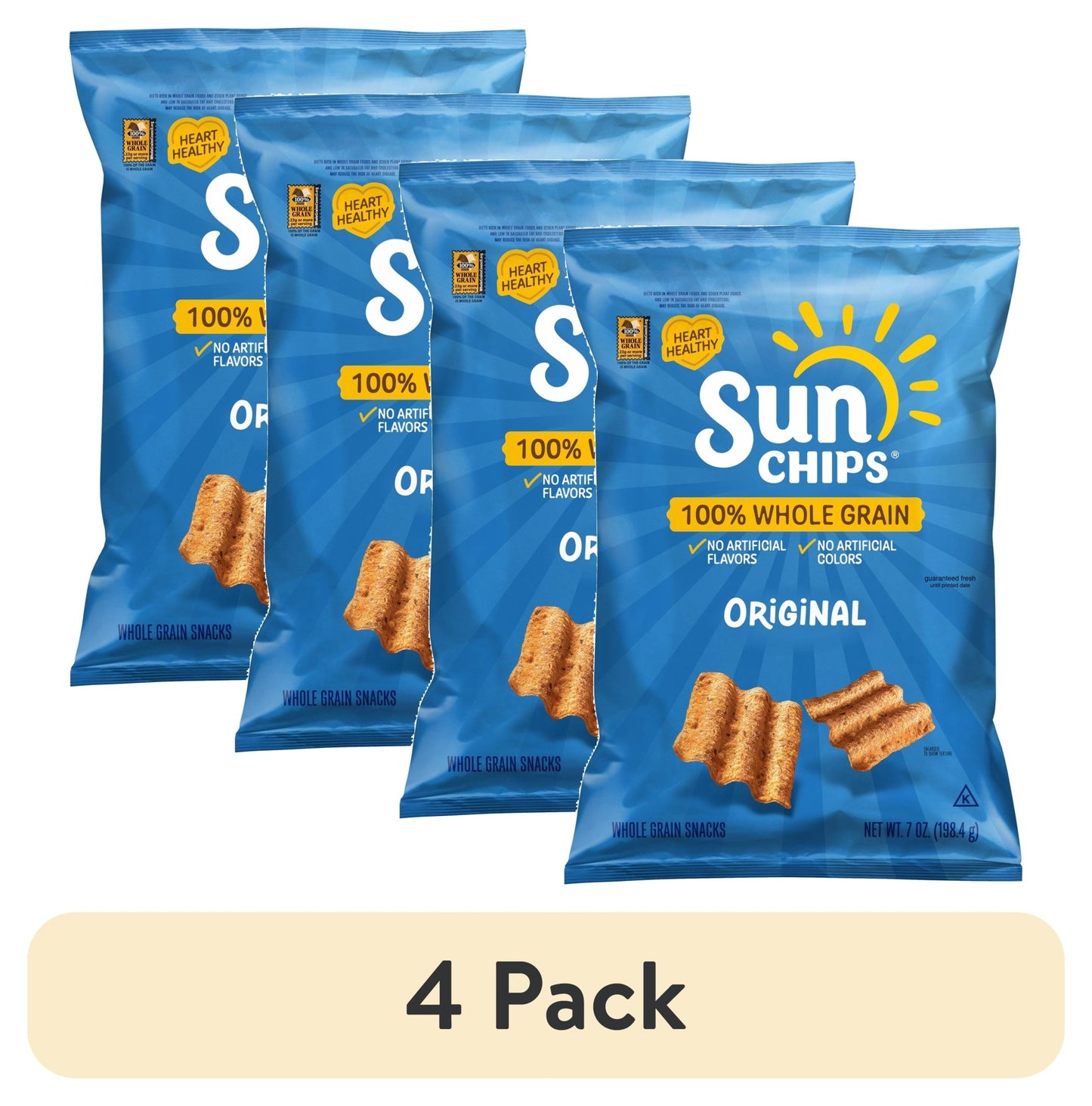 SunChips 100% Whole Grain Original Snack Chips in a 7 oz bag, showcasing crispy, golden snack chips with whole grain texture.