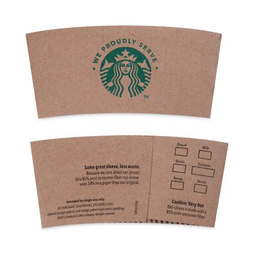 Kraft Starbucks cup sleeves for 12, 16, 20 oz hot cups, stacked in a carton, made by Supplying Depot.