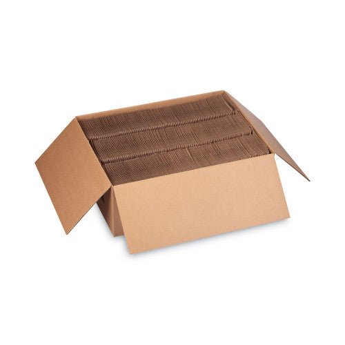 Kraft Starbucks cup sleeves for 12, 16, 20 oz hot cups, stacked in a carton, used for hot beverage insulation.