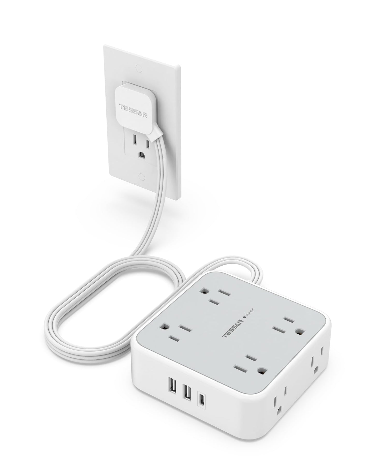 BackupMyFilesNow.com surge protector flat extension cord with 8 AC outlets, 3 USB ports, USB-C port, 5 ft length, grey color.