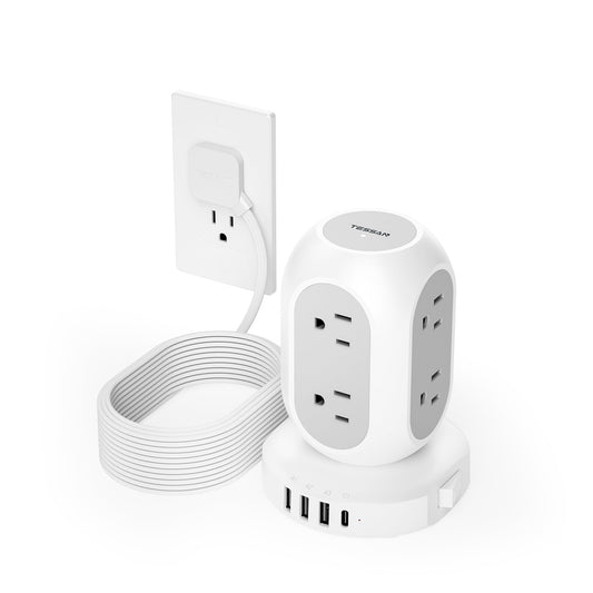 TESSAN surge protector power strip tower with 8 AC outlets, 4 USB ports, USB-C, 10ft flat plug extension cord, 1050J surge protection.