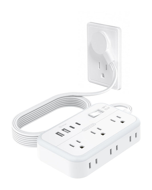 BackupMyFilesNow.com surge protector power strip with 6 outlets, 4 USB ports, 2 USB-C, 5 ft flat extension cord, indoor use.
