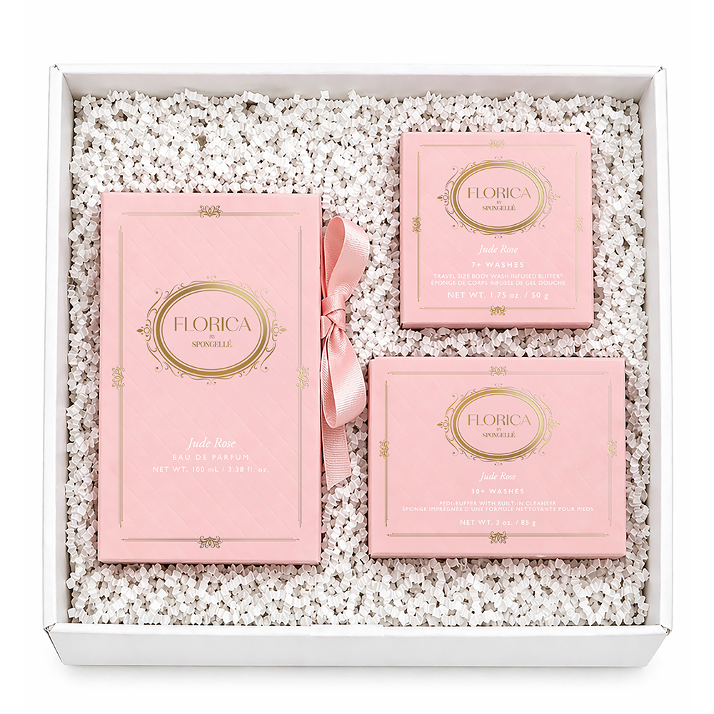 Spongellé Sweet Gesture Jude Rose 3-piece bath gift set with rose-scented body washes and exfoliating sponges in a decorative box