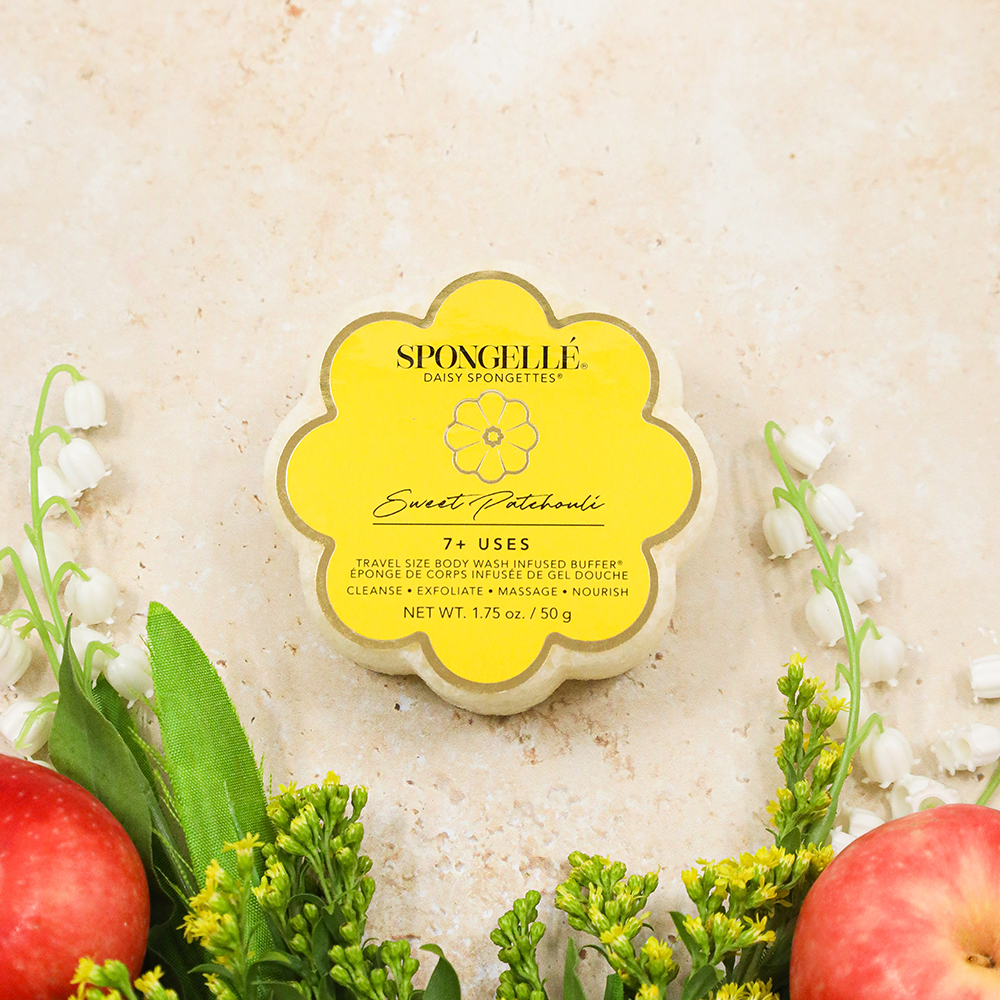 Spongellé Sweet Patchouli Daisy Spongette body wash infused buffer with floral patchouli scent and soft sponge texture.