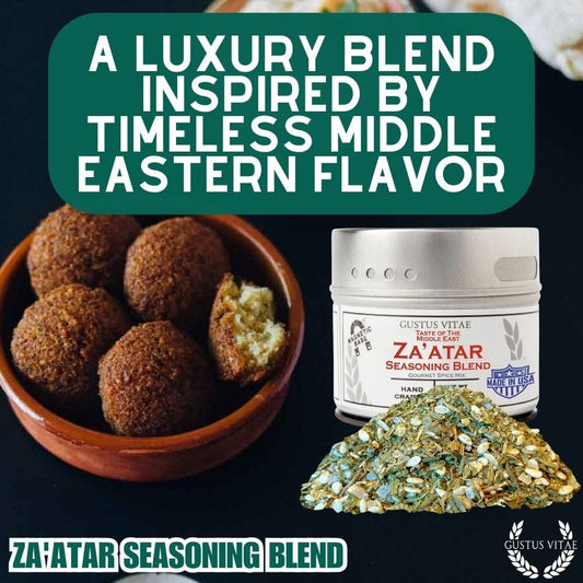 Close-up of Gustus Vitae Za'atar seasoning blend in a jar, showcasing a mixture of herbs and sesame seeds for Middle Eastern cuisine.