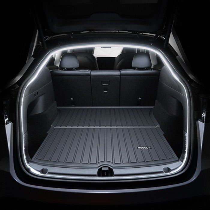 TESERY trunk ambient lighting for Tesla Model 3 Highland and Model Y, featuring sleek Juniper design in the vehicle's trunk area.