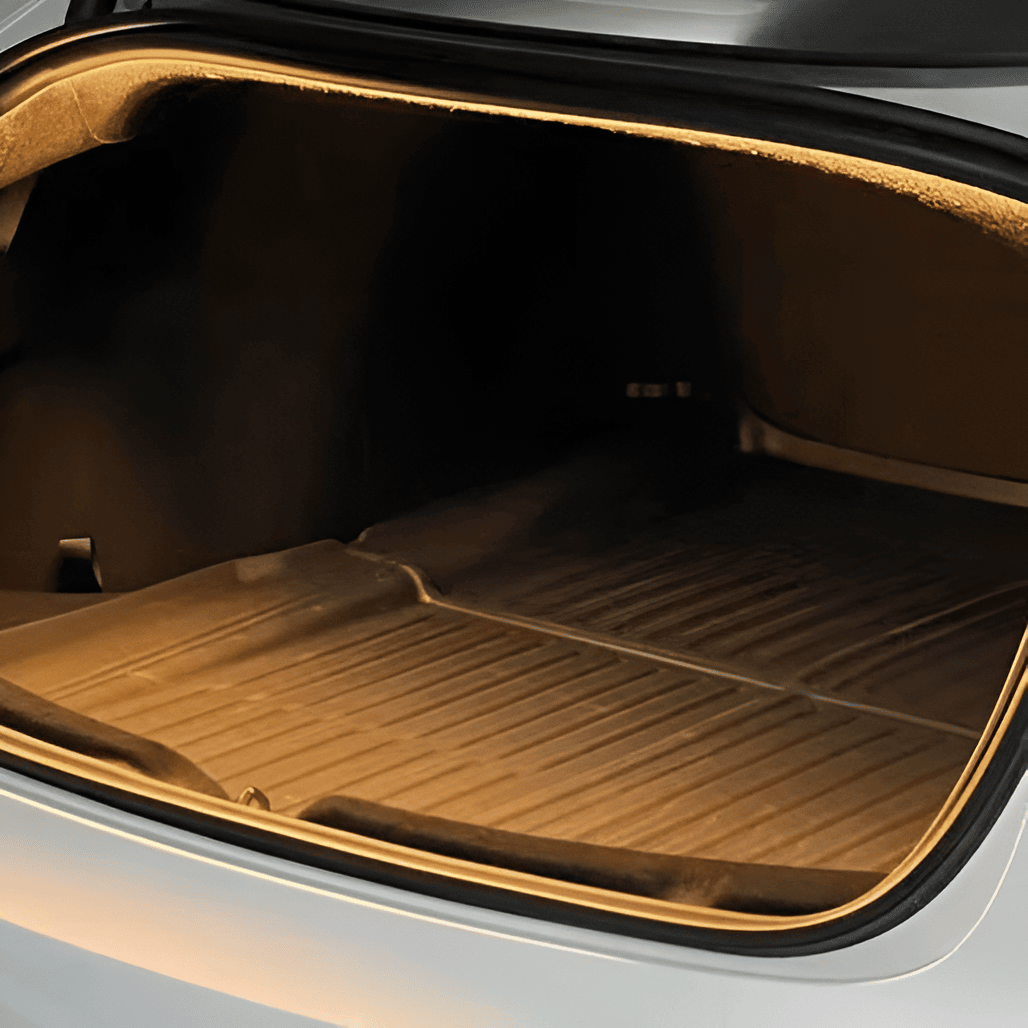TESERY trunk ambient lighting installed in Tesla Model 3 Highland and Model Y Juniper, showcasing sleek interior illumination.