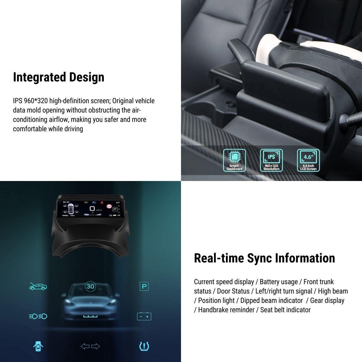 Tesla Model 3/Y TESERY 4.6-inch mini dashboard display screen showing interface and controls in a close-up view.