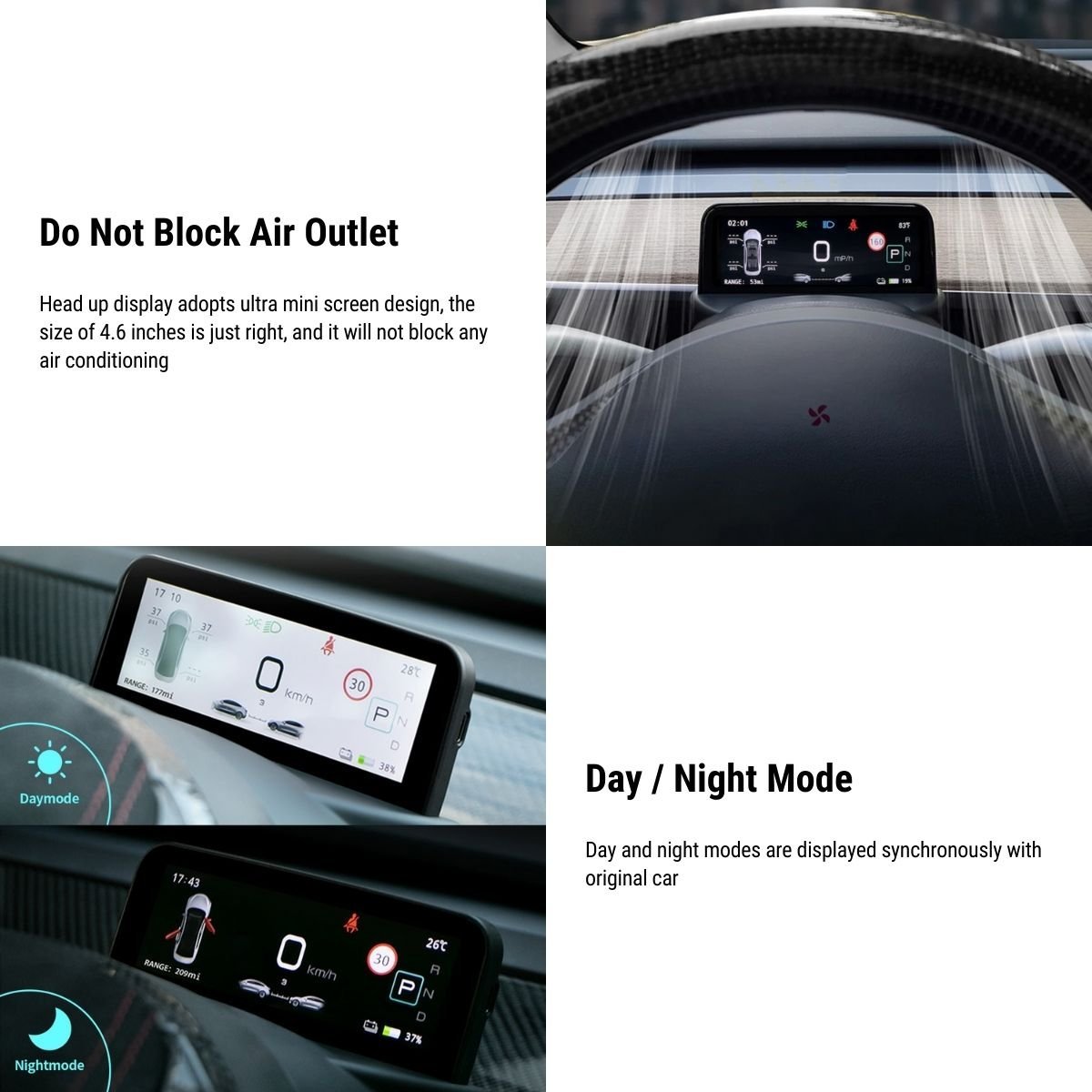 TESERY 4.6-inch mini dashboard display screen for Tesla Model 3 and Y, showing a sleek digital interface and controls.