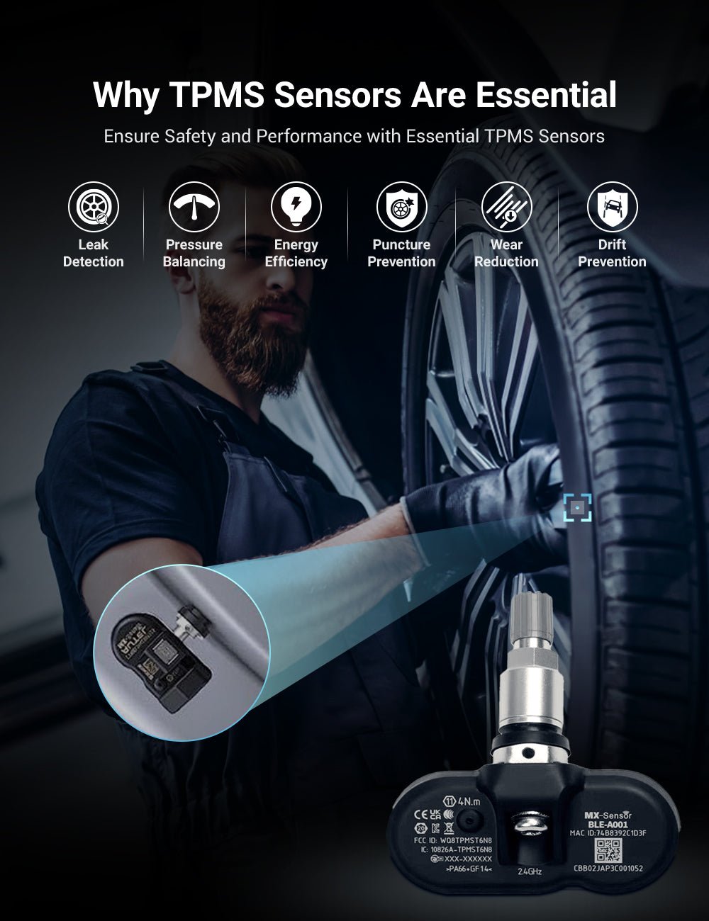 Tesla Model 3/Y/S/X TESERY BLE Bluetooth Tire Pressure Monitoring Sensor (TPMS) device mounted on a tire valve for real-time pressure monitoring.
