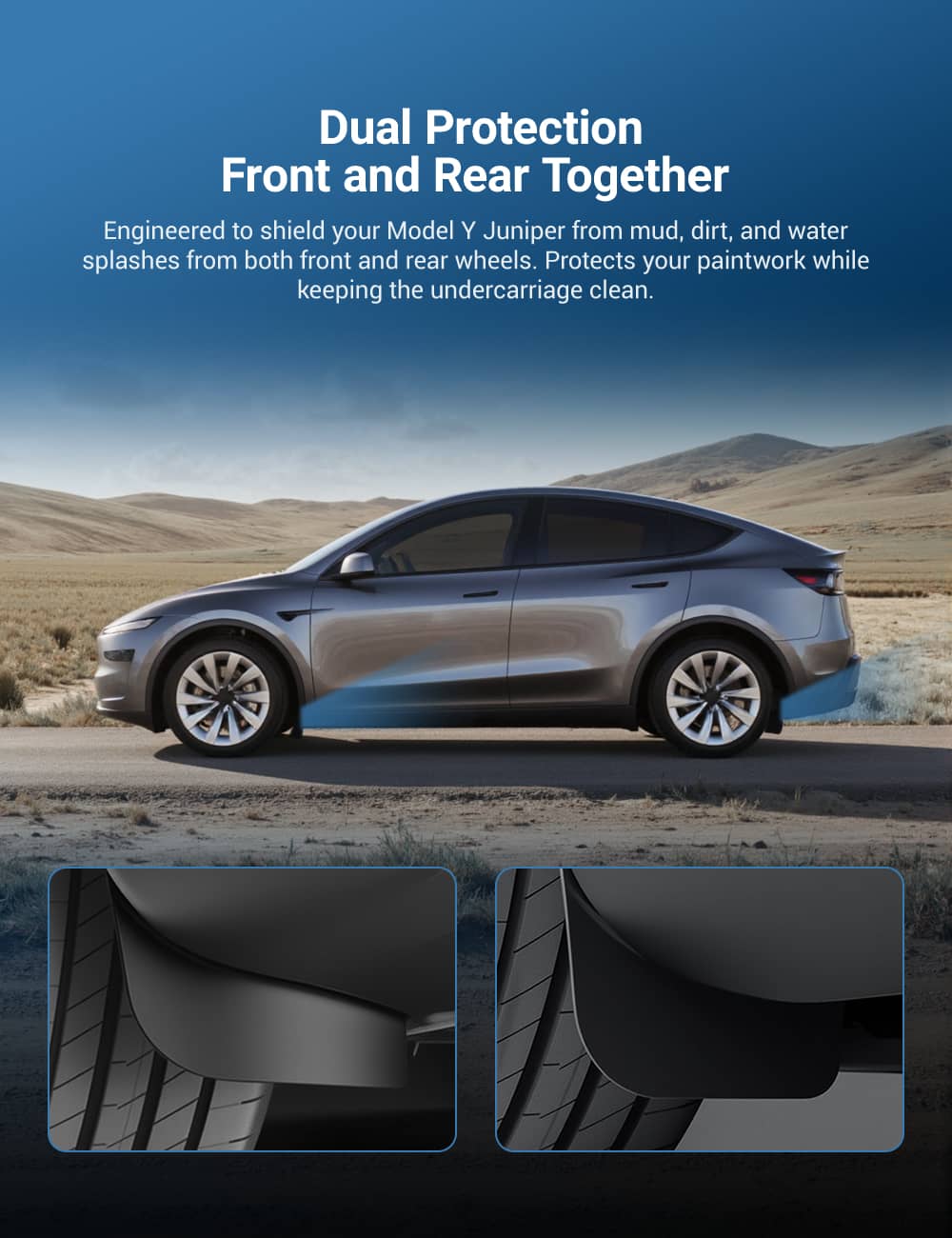 Tesla Model Y Juniper mud flaps by Tesery Official Store, invisible protective mud guards for Model Y vehicles.