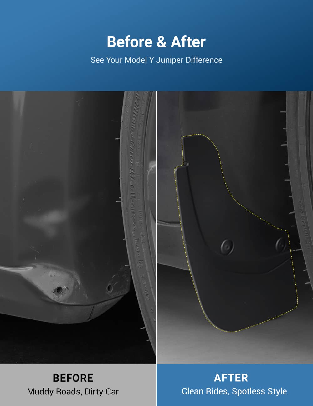 Tesla Model Y Juniper mud flaps by Tesery, invisible mud guard for protection and style on the vehicle's wheels.