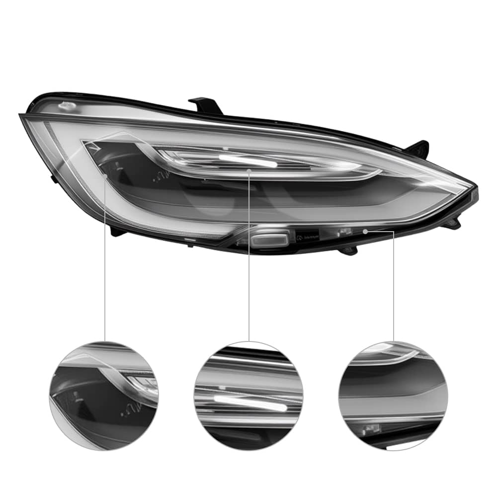 Tesla Model S LED headlight assembly by Tesery, showing the sleek, modern design of the car's front lighting system.