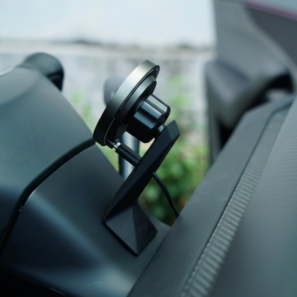 OLED magnetic dashboard display for Model Y Juniper and Model 3 Highland by Tesery, showing real-time vehicle information.