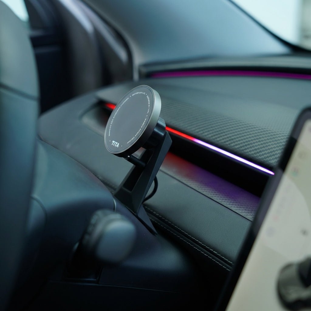 Tesery TITA Pro HUD OLED magnetic dashboard display for Model Y Juniper and Model 3 Highland, showing digital speed and navigation.