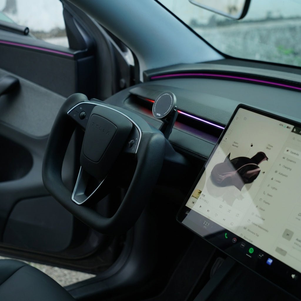 TITA Pro HUD OLED magnetic dashboard display for Tesla Model Y Juniper and Model 3 Highland, showing speed and navigation info