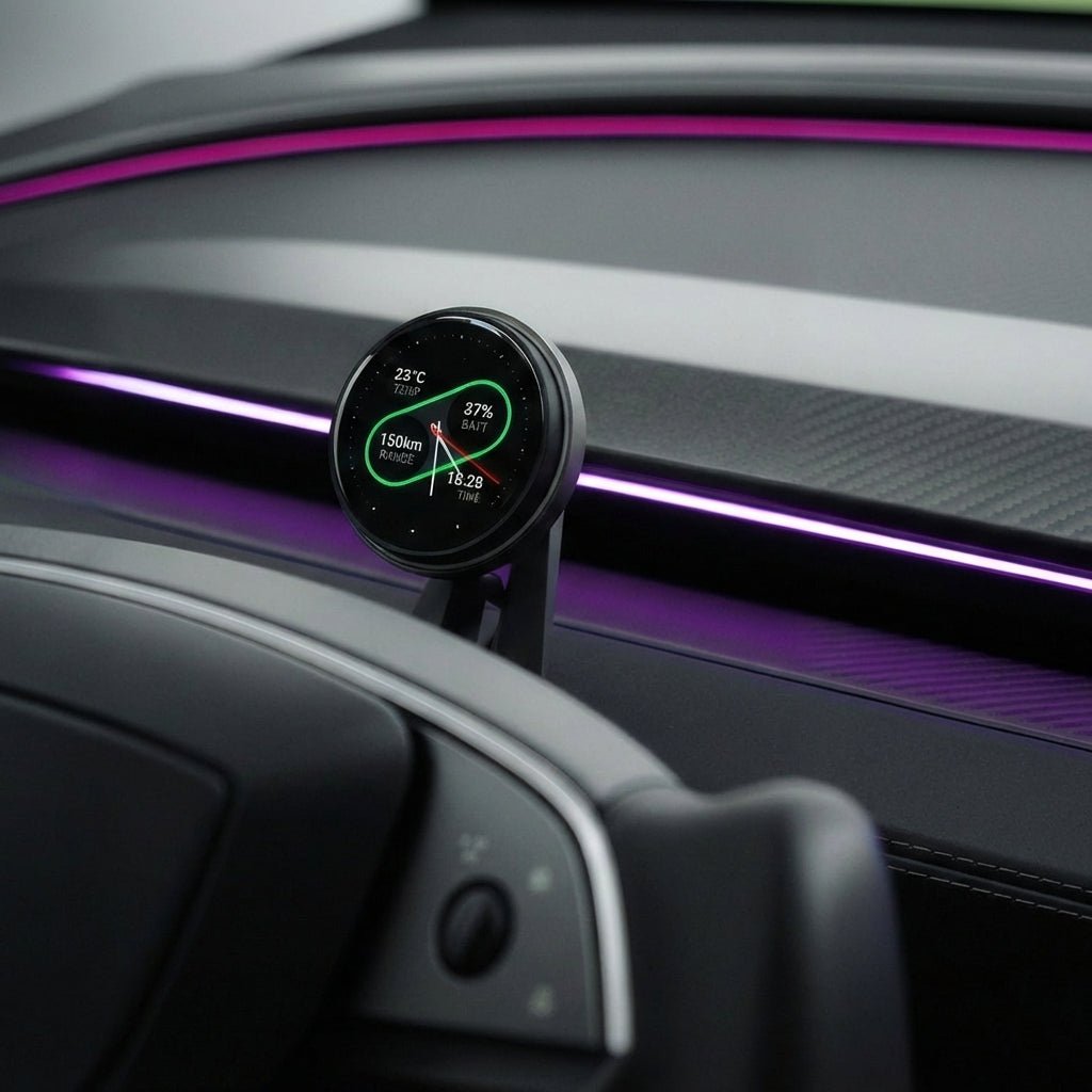 OLED magnetic dashboard display for Tesla Model Y Juniper and Model 3 Highland by Tesery, showing digital speed and navigation data.