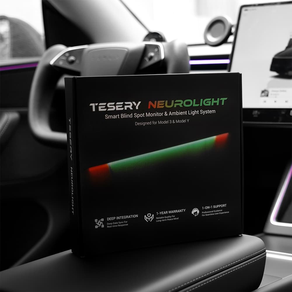 TESERY NeuroLight RGB ambient dashboard lighting for Tesla Model 3 and Y with integrated BSD system, enhancing interior illumination.