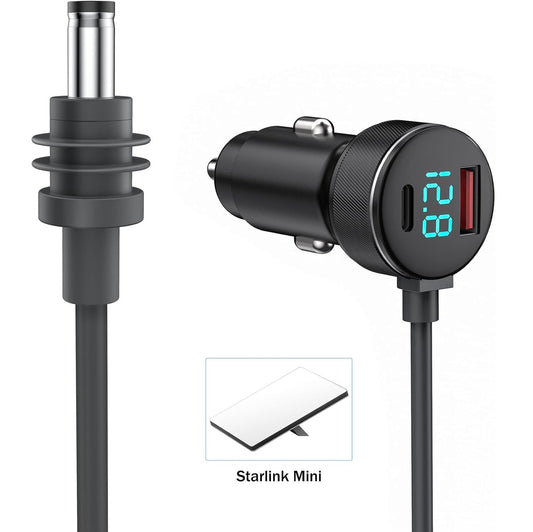 Starlink Mini Car Charger with digital display and 100W Type-C power cord, Tesery brand, connected to a car's dashboard.