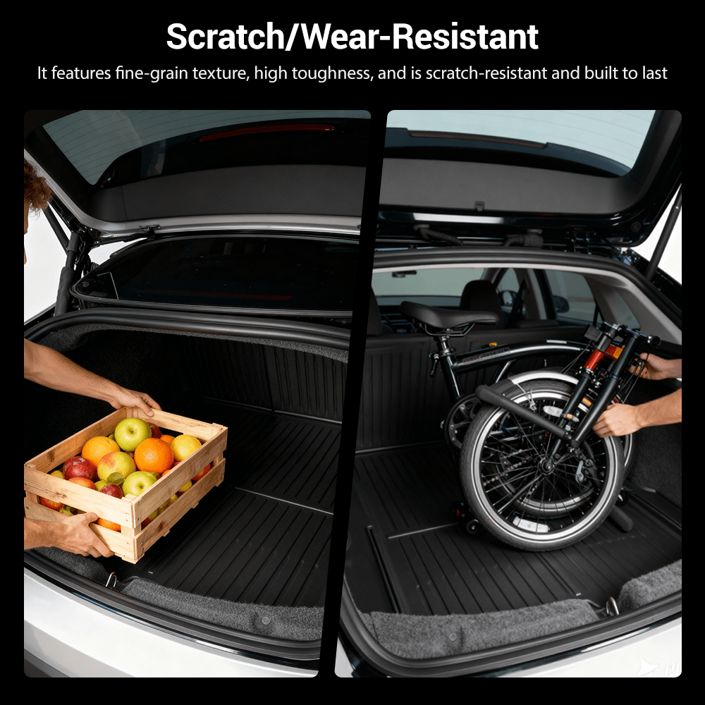 TESERY trunk mat with backrest for Tesla Model 3 Highland, durable protective cargo liner for the vehicle trunk area.