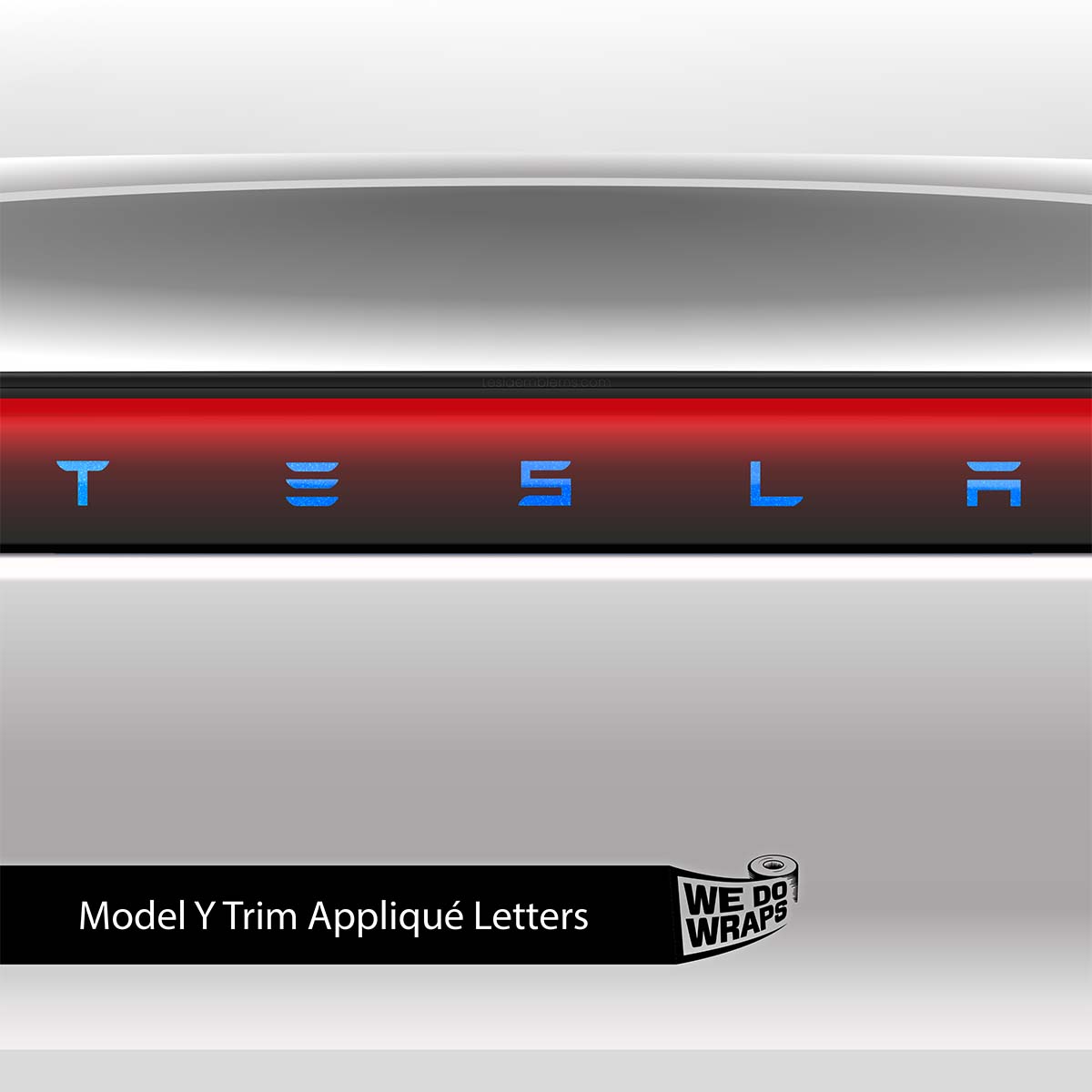Tesla Model Y 3M Gloss Fire Blue front and rear emblem decals, branded Tesla Emblems for vehicle customization.