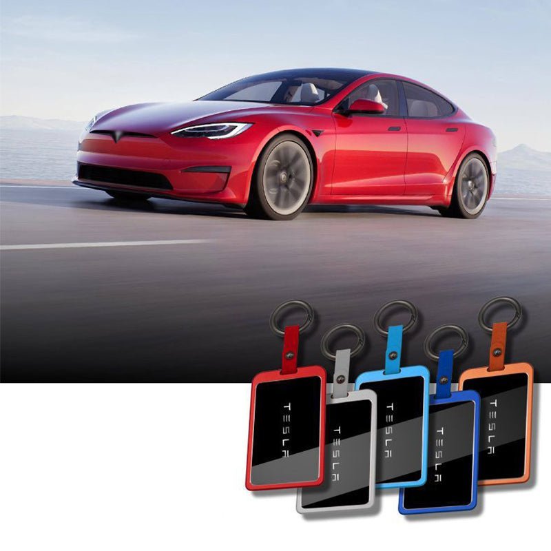 Tesla Model 3/Y aluminum key card cover in six colors, with a round button design for Tesla key cards.