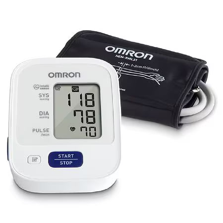 Omron 3 Series Upper Arm Blood Pressure Monitor BP7100 showing cuff and digital display for accurate blood pressure readings.