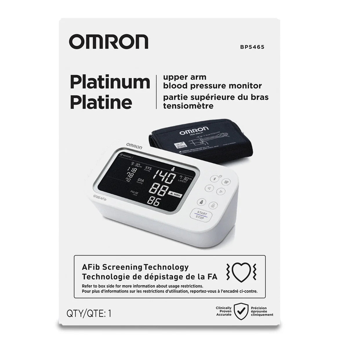 Omron Platinum upper arm blood pressure monitor with AFib detection and Bluetooth connectivity, shown on a white background.