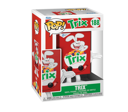 Trix cereal box by General Mills featuring colorful cartoon Trix rabbit and fruit-shaped cereal illustrations.