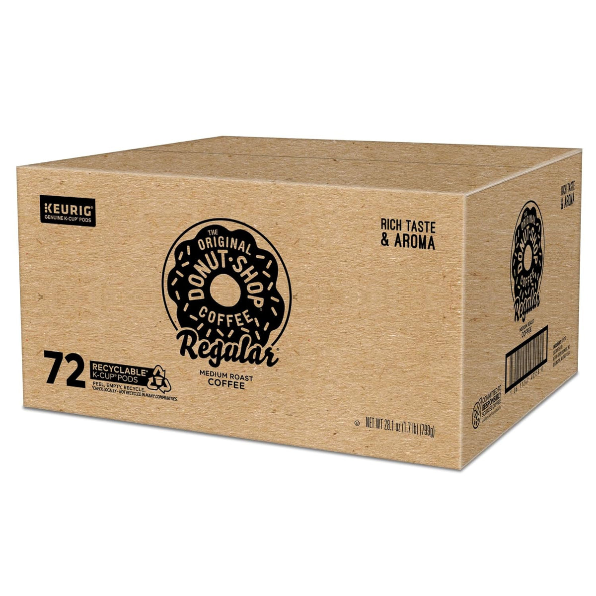 Box of 72 The Original Donut Shop Regular Keurig K-Cup Pods with medium roast coffee for single-serve brewing.