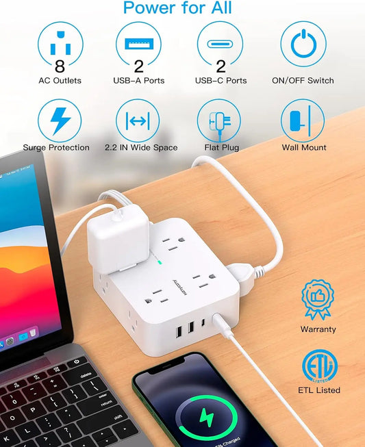 The Shopper Stop surge protector power strip with 8 outlets, 4 USB ports, and ultra-thin flat plug for home office and dorm use.