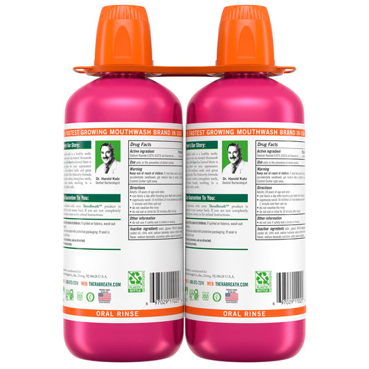 TheraBreath Anticavity Oral Rinse in Sparkle Mint flavor, 33.8 fl oz bottles, 2-pack, with mint-flavored mouthwash bottles side by side.