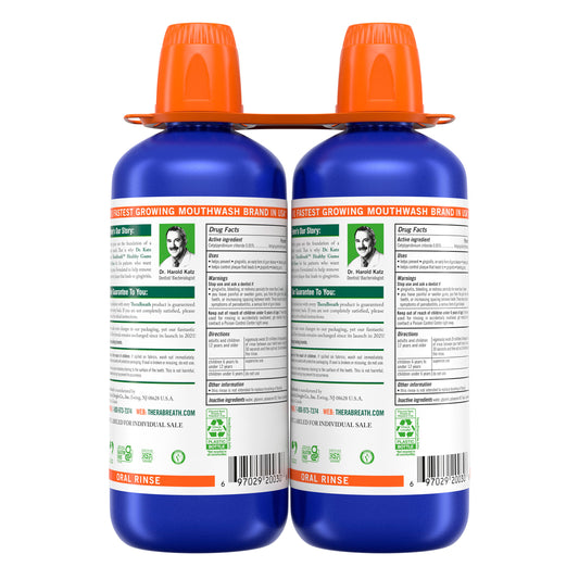 TheraBreath Healthy Gums Oral Rinse bottles, 33.8 fl oz each, in a 2-pack, showing the product label and packaging.