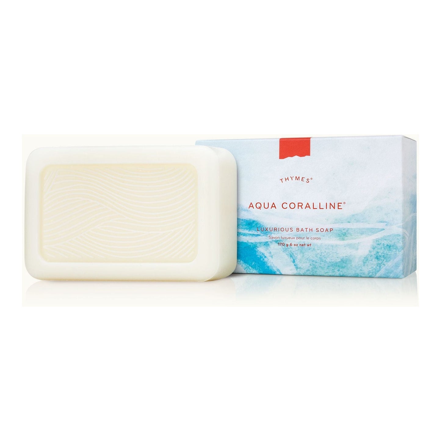 Thymes Aqua Correline bar soap by Pasteur Pharmacy, 7 oz, showcasing the luxurious soap with blue and white packaging.