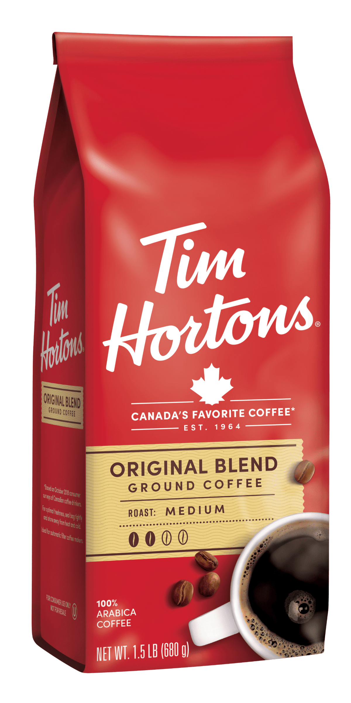 Tim Hortons 100% Arabica Original Blend medium roast ground coffee in a 24 oz bag, showcasing the coffee bag with branding and label