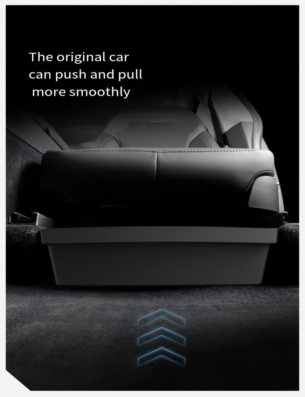 TPE Under Seat Storage Box for Tesla Model Y Juniper, black plastic organizer for vehicle interior storage.