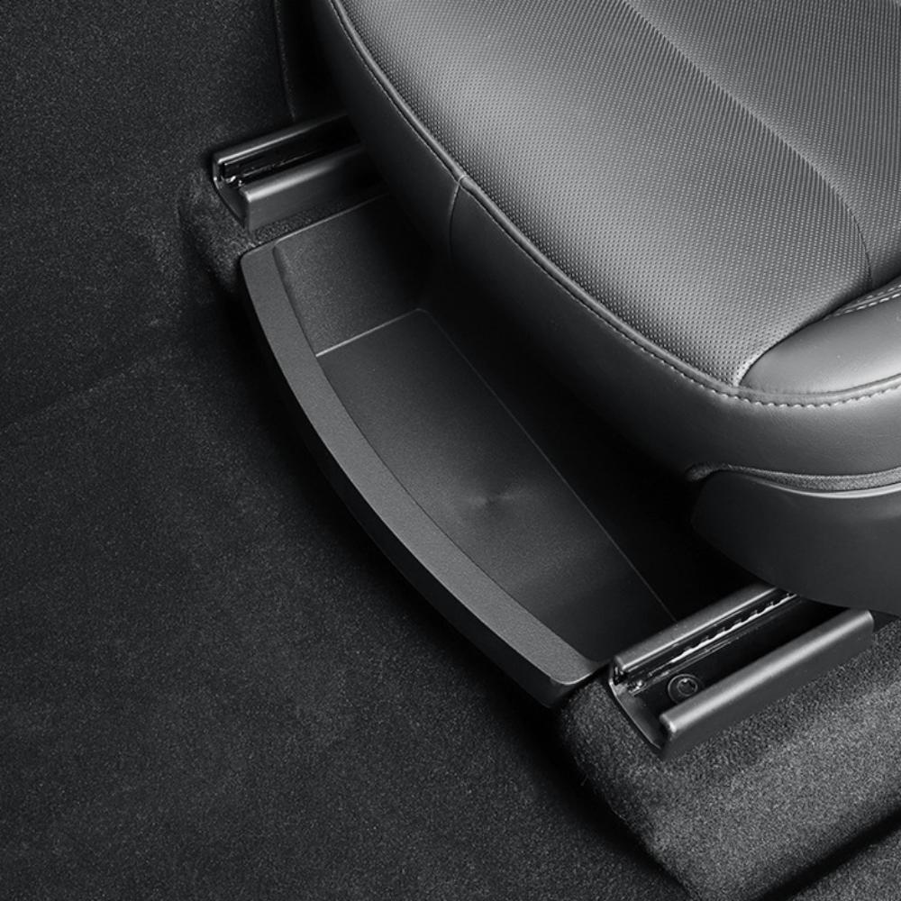 TPE Under Seat Storage Box for Tesla Model Y Juniper by Tesery, fits under seat for organized storage, black plastic design