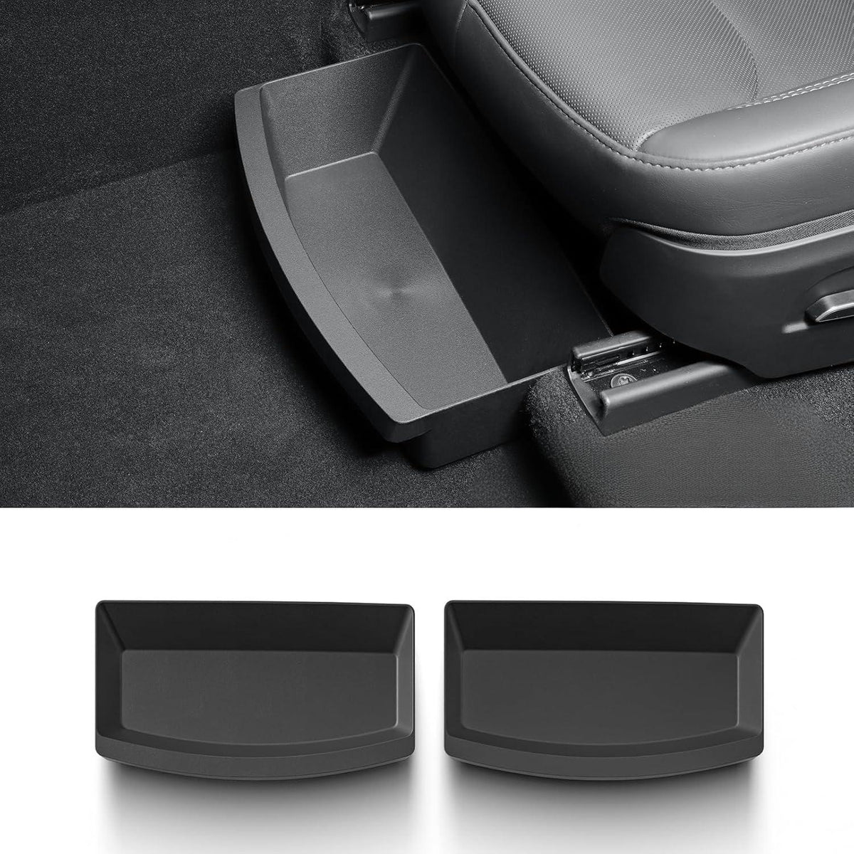 TPE under seat storage box for Tesla Model Y Juniper interior, designed by Tesery for organized vehicle storage