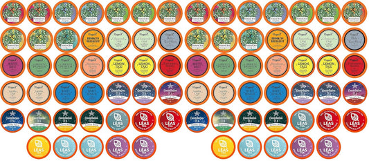 Two Rivers Coffee assorted tea sampler pack with 40 K-Cup pods for Keurig brewers, featuring a variety of tea flavors.