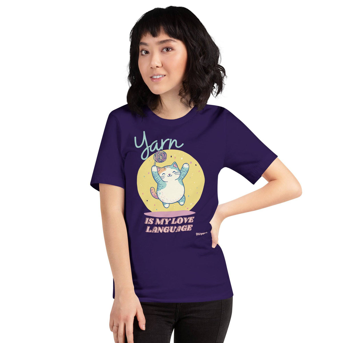 Unisex purple T-shirt by Darn Good Yarn with "Yarn is My Love Language" print on the front. Casual, comfortable knitwear.