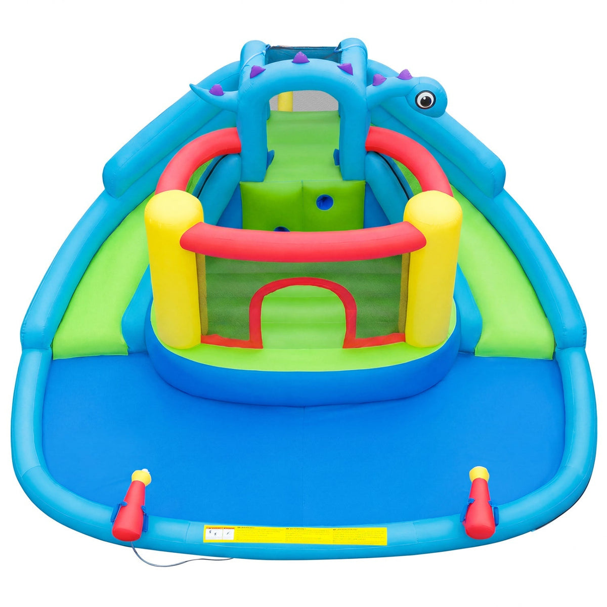 Colorful dinosaur-themed inflatable water slide and bounce house for kids, featuring vibrant cartoon dinosaur designs and playful features.