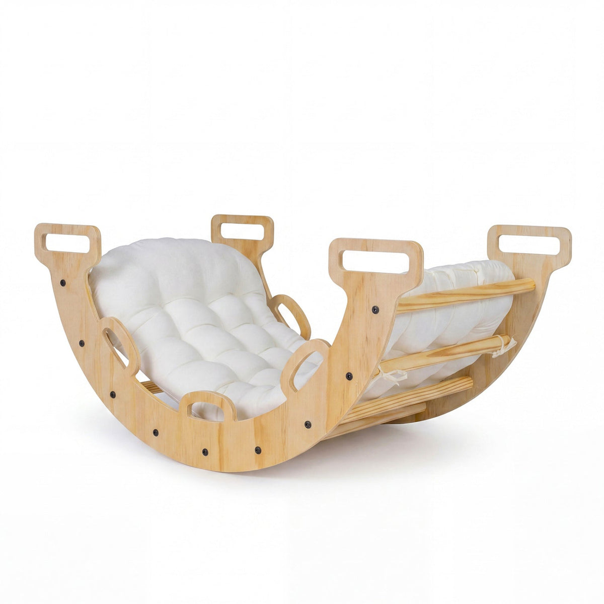 Wooden rocking climbing arch with cushion, 3-in-1 Montessori climbing toy for kids, sturdy wooden frame with colorful cushion pad.