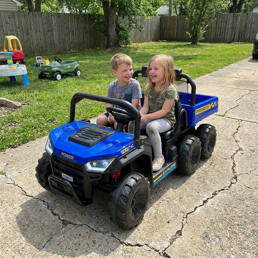 Kids ride-on dump truck by GBruno Store, 24V electric ride-on toy with two seats and a functioning dump bed for children.