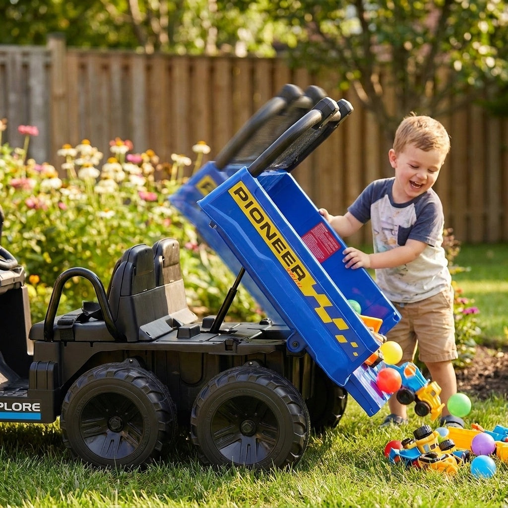 Kids ride-on GBruno Store 24V dump truck with electric dump bed and two-seater, featuring realistic toy design for outdoor play.